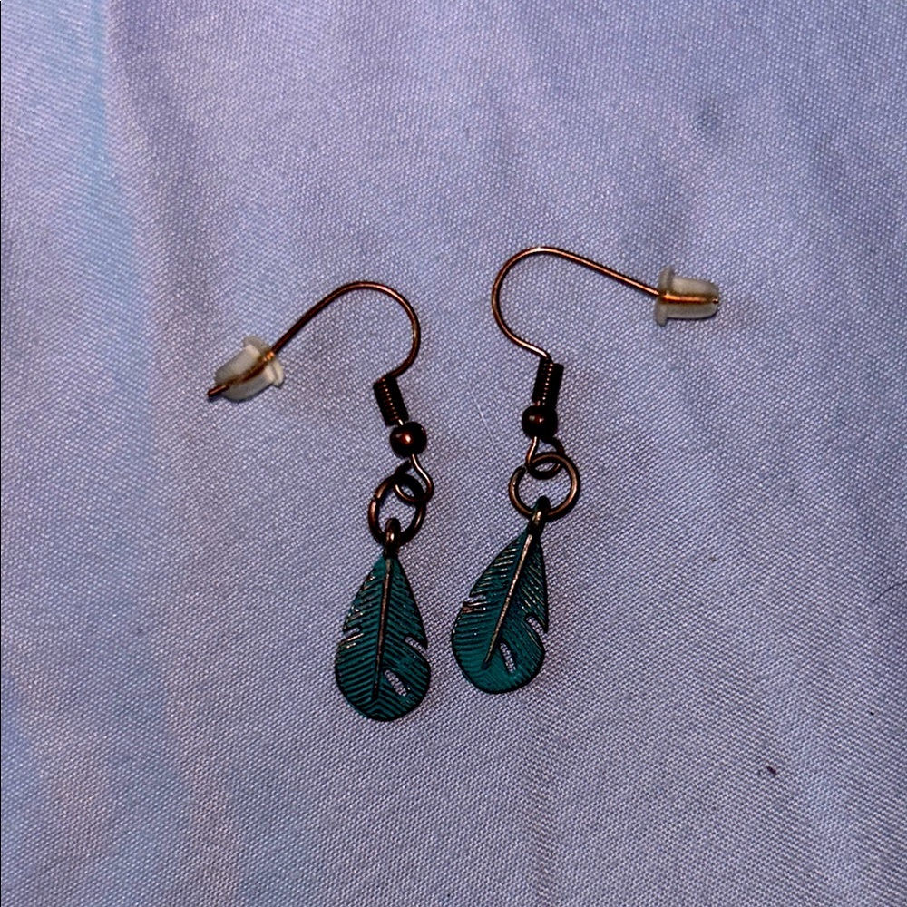 Hand Crafted Teal Feather Earrings